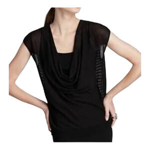 Eileen Fisher Black Mesh Back Drape Neck Sheer Top